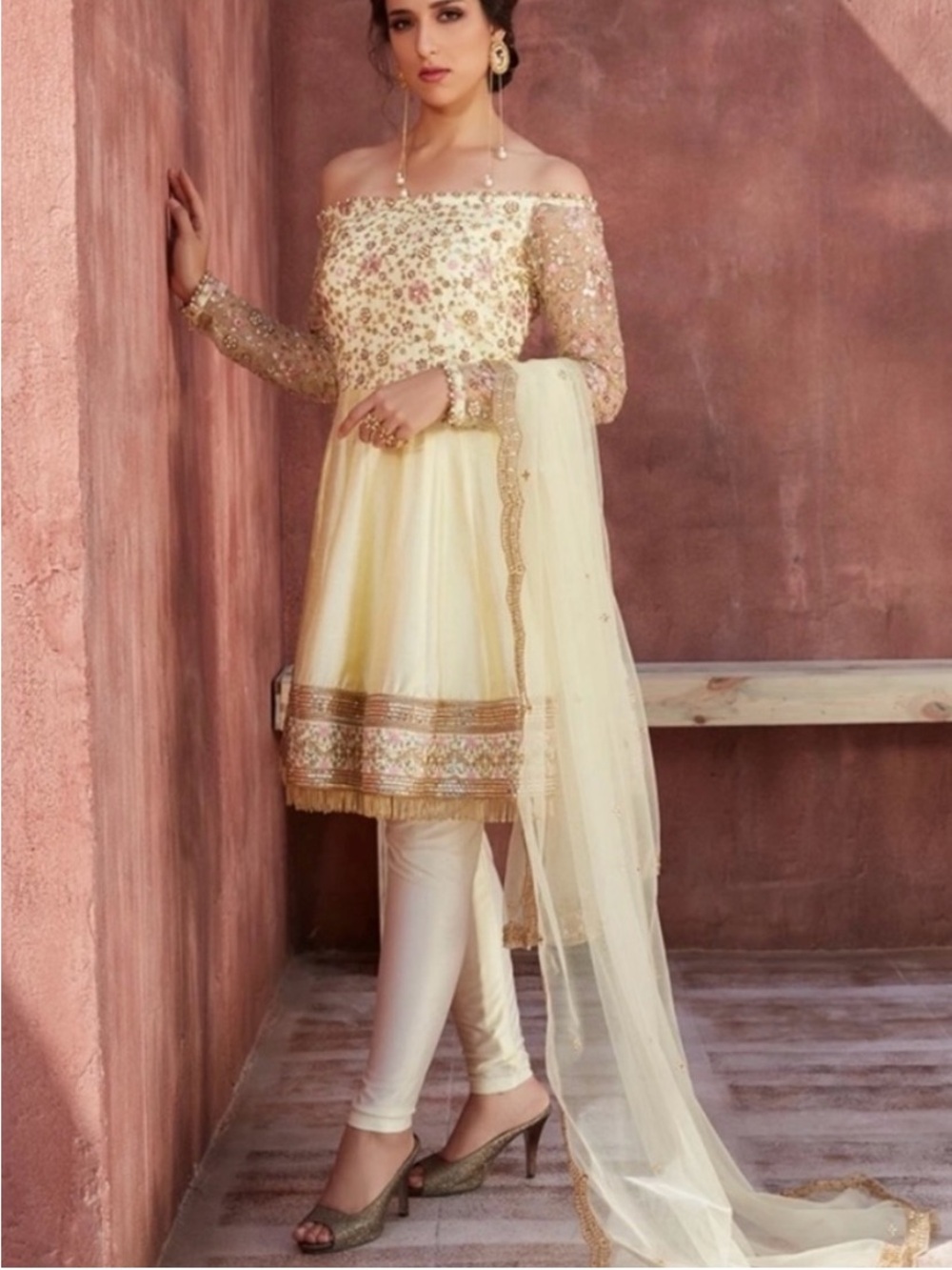 Sequin net and silk Off-Shoulder Light yellow Anarkali Set